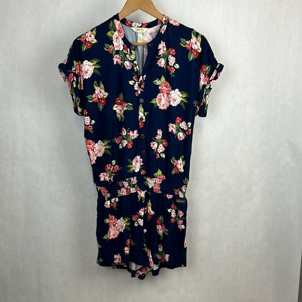 Matilda Jane Floral Romper Sz XS Navy Blue Pink Green Button Front Shorts